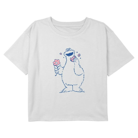 Girl's Sesame Street Cookie Monster Floral Graphic Cropped T-Shirt