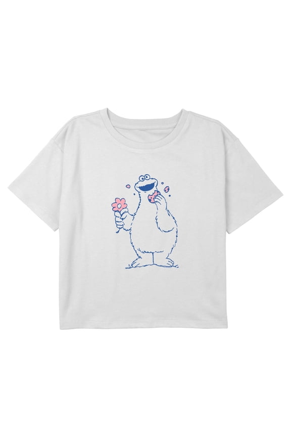Girl's Sesame Street Cookie Monster Floral Graphic Cropped T-Shirt