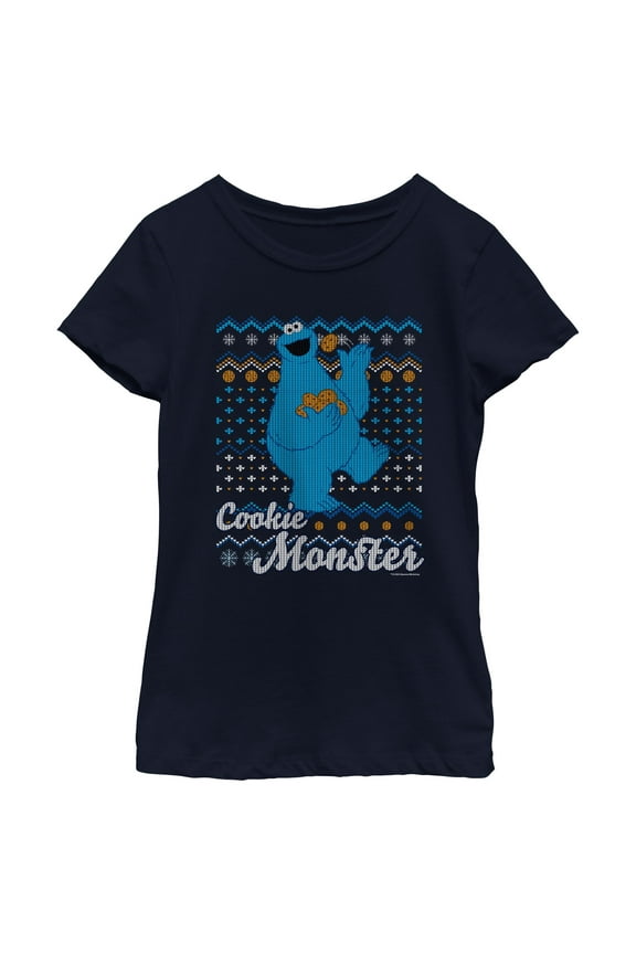 Girl's Sesame Street Cookie Monster Ugly Christmas Sweater Print Graphic T-Shirt