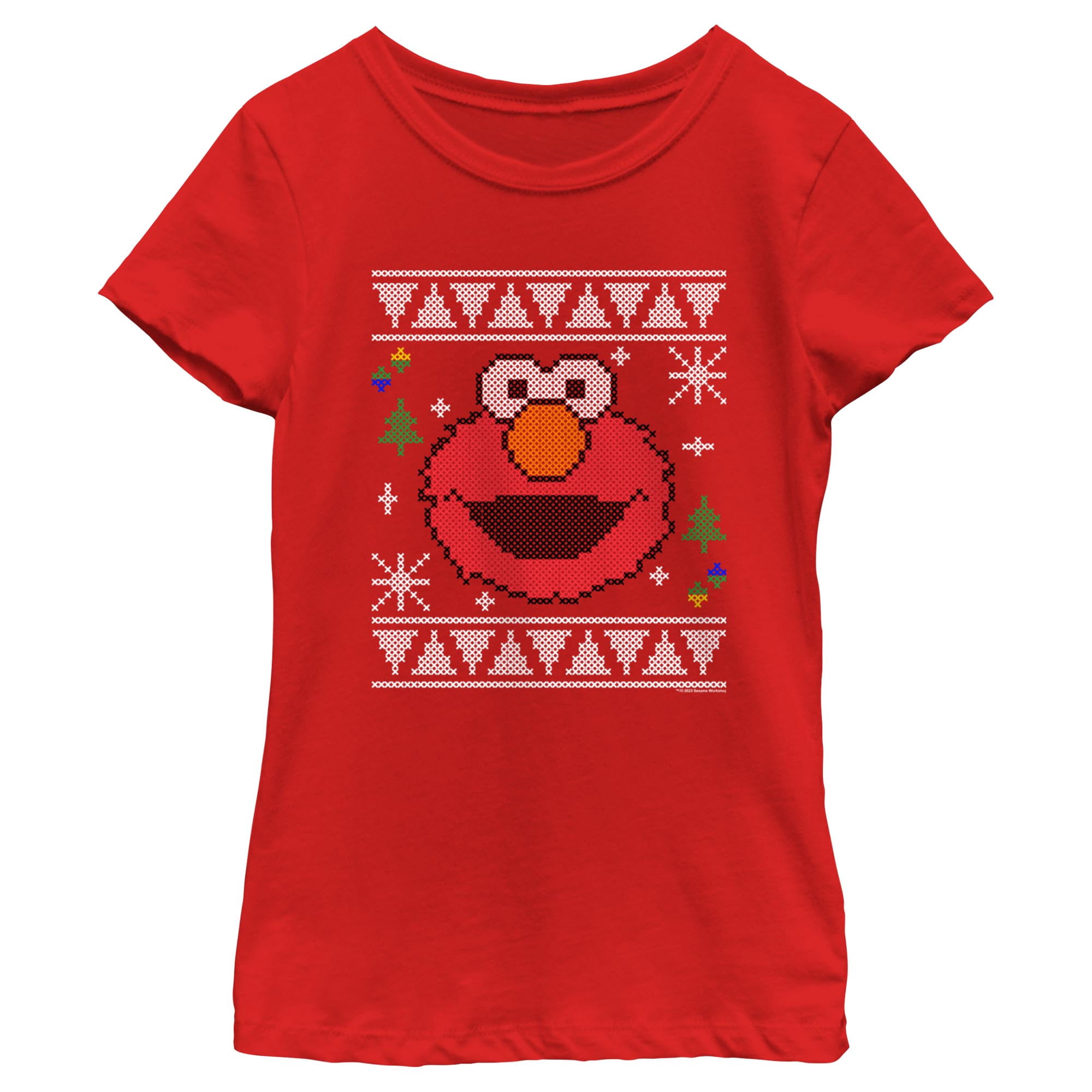 Girl's Sesame Street Elmo Face Ugly Christmas Sweater Print Graphic T ...