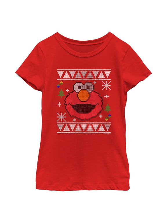 Girl's Sesame Street Elmo Face Ugly Christmas Sweater Print Graphic T-Shirt