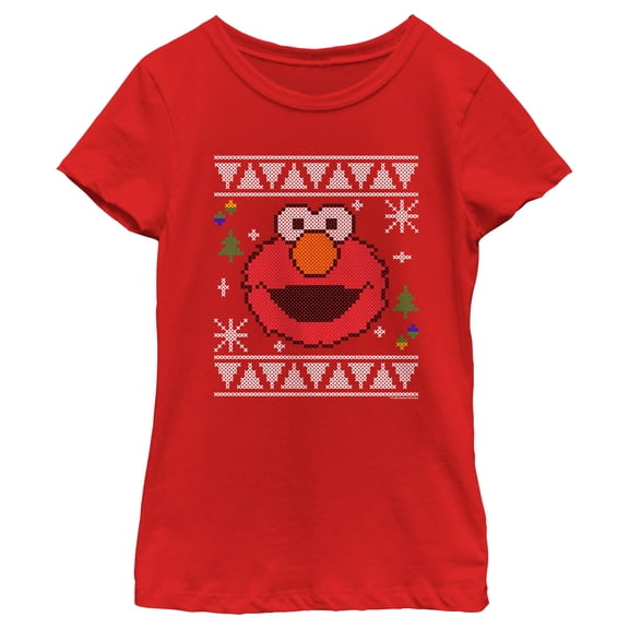 Girl's Sesame Street Elmo Face Ugly Christmas Sweater Print Graphic T-Shirt