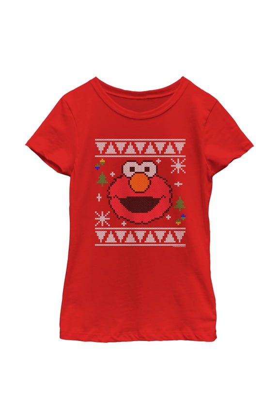 Girl's Sesame Street Elmo Face Ugly Christmas Sweater Print Graphic T-Shirt