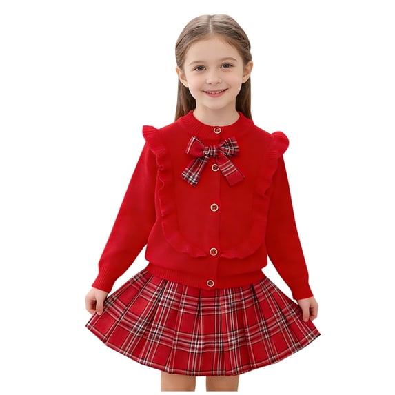 Toddler Girls Dresses 3T Girl's Set Spring and Fall Long Sleeve Knit Cardigan with Stylish Bow and Mini Flared Skirt Two-Piece Set Pleated Skirts Set,2-8 Years