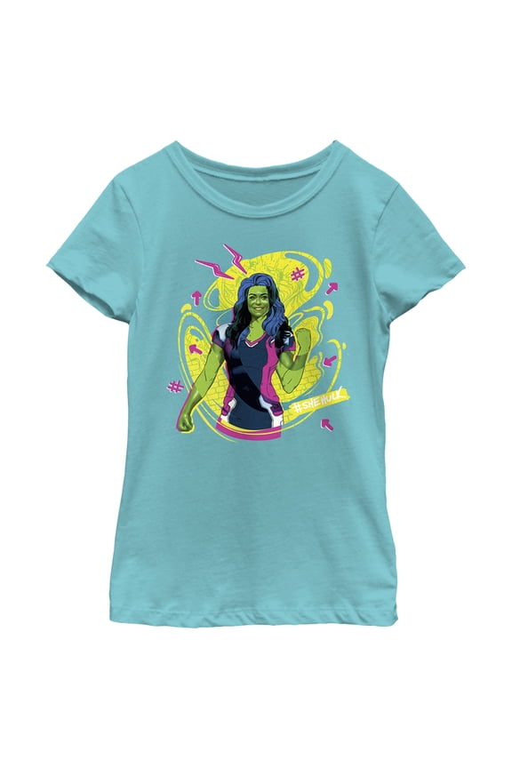 Girl's She-Hulk: Attorney at Law Real Life Vs Cartoon Graphic Tee Tahiti Blue Large