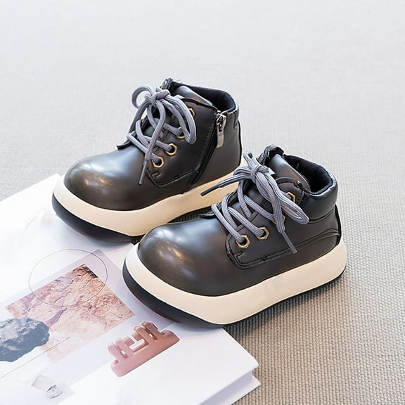 Girl's Short Boots with PU Leather Ugly Cute Design for Fall and Winter Fleece Lined Thick Sole British Style Work Boots