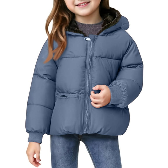 Girl's ' Short Puffer Jacket, Solid Color Cute Quilted Coat with Fun Pockets, Warm & Playful Outerwear for School & Playground Fun.Blue130