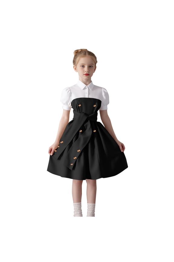 Girl's Short Sleeve Casual Vintage Collar Fit and Flare Skater Party Dress with Pockets Black 11-12 Years