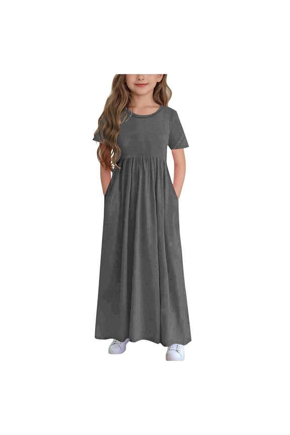 Girl's Short Sleeve Dress Crewneck Loose Casual Maxi Sundress with Pockets Summer Dresses for Girls Size 4-14