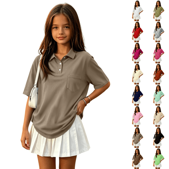 Girl's Short Sleeve Polo Shirt Button Soild Color School Uniform Shirt Light Brown 150