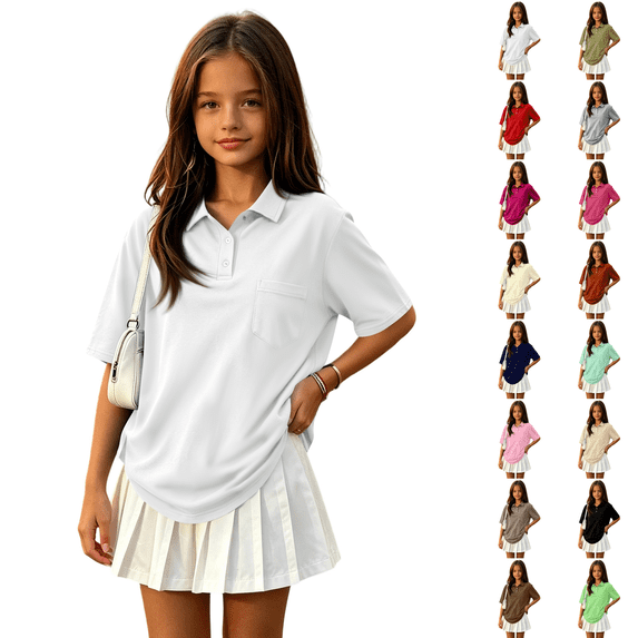 Girl's Short Sleeve Polo Shirt Button Soild Color School Uniform Shirt White 130