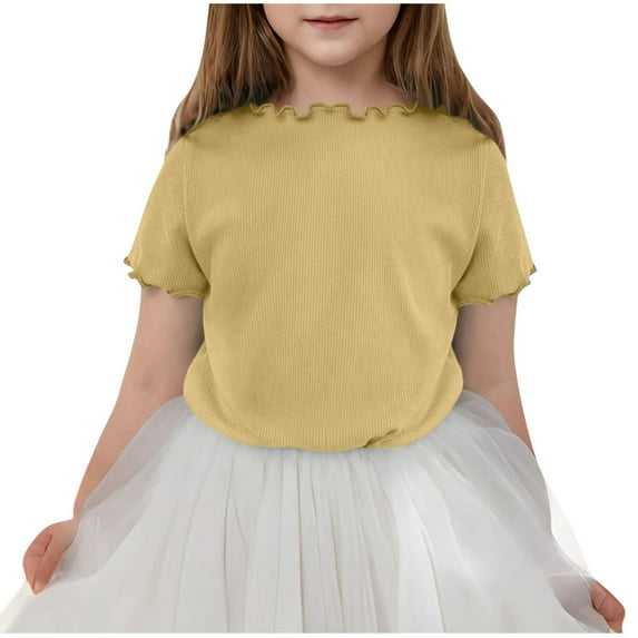 Girl's Short Sleeve Ribbed Knit Lettuce Trim Crewneck T Shirt Tee Tops