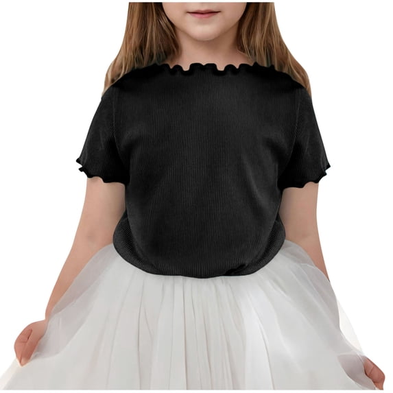 Girl's Short Sleeve Ribbed Knit Lettuce Trim Crewneck T Shirt Tee Tops