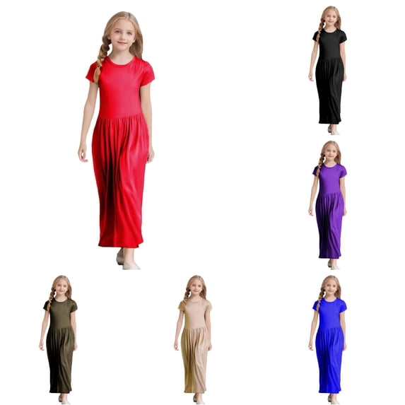 Girl's Short Sleeve Solid Color Loose Casual Long Dress with Pockets Baby Dresses