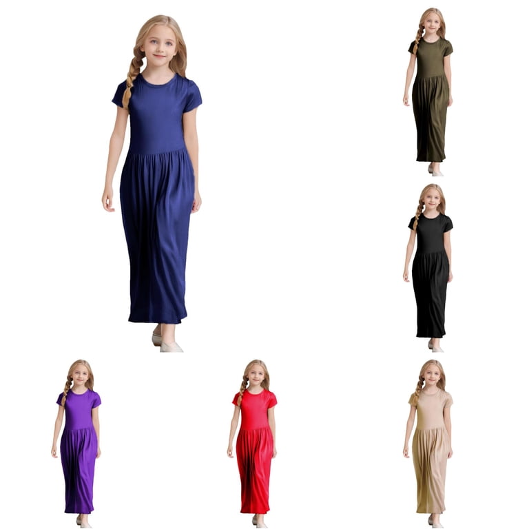 Girl's Short Sleeve Solid Color Loose Casual Long Dress with Pockets Baby Dresses