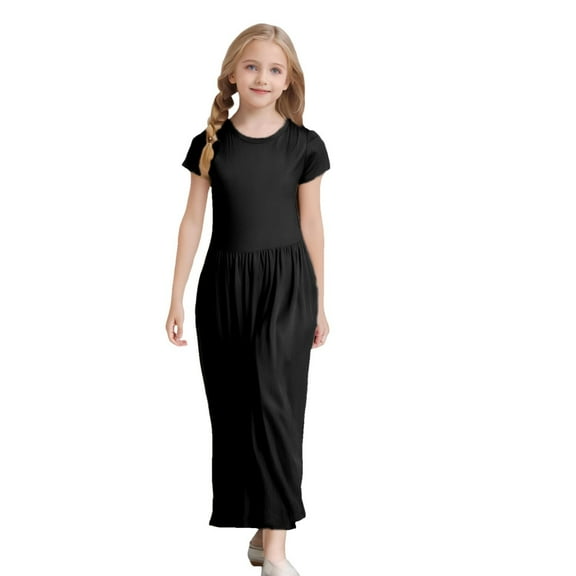 Girl's Short Sleeve Solid Color Loose Casual Long Maxi Dress With Pockets 6 year old girl clothes