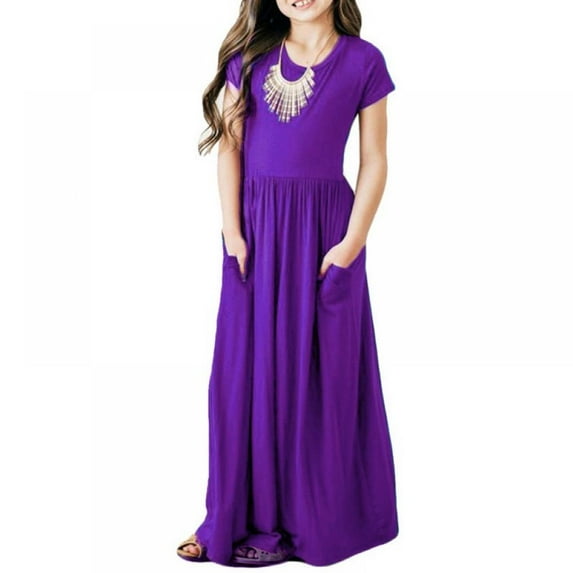Girl's Short Sleeve Solid Color Loose Casual Long Maxi Dress with Pockets