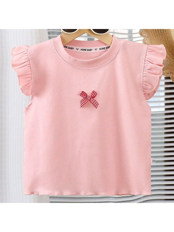 Girl's Short Sleeve T-Shirt Casual Solid Color Round Neck Top Flutter Sleeve Tee Daily Wear Blouse