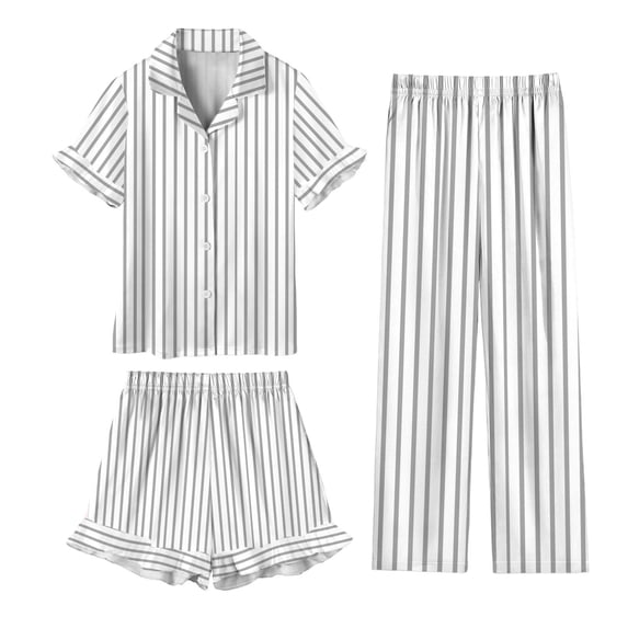 Girl's Silk Satin Loungewear Set 3Pcs Short Sleeve Button-Down Shirts with Shorts and Pants Lounge Sets Lightweight Summer Casual Outfits
