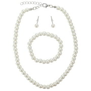 NYFASHION101 Girl's Simulated Pearl Necklace with Stretch Bracelet & Ball Stud Earrings, Cream