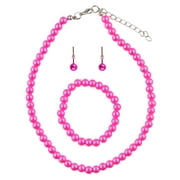 NYFASHION101 Girl's Simulated Pearl Necklace with Stretch Bracelet & Ball Stud Earrings, Hot Pink