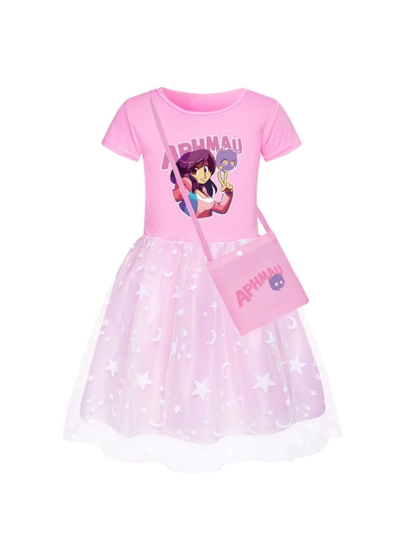 Girl's Skirt 4-10 years old APHMAU girl pure cotton round neck short sleeved patchwork lace mesh dress+bag two-piece set