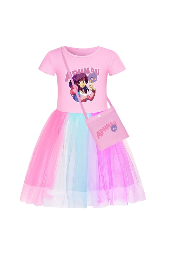 Girl's Skirt 4-10 years old APHMAU girl pure cotton round neck short sleeved patchwork lace mesh dress+bag two-piece set