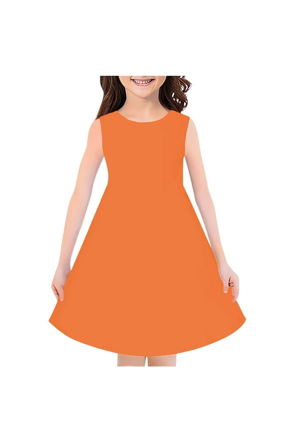 Girl's Sleeveless Solid Color Dress, Summer Round Neck A-Line Midi Tank Dress Lightweight Casual Outfit for Kids Kids Sweater Dresses Orange 130