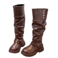 thumbnail image 1 of Girl's Slouchy Tall Riding Boots Vintage Leather Round Toe Pull on Knee High Fall Dress Booties with Button Brown 2 Big Kids, 1 of 6