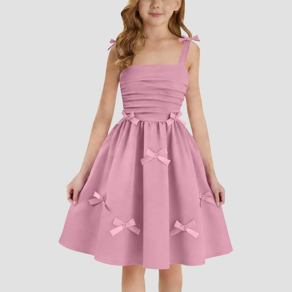 Girl's Smocked Ruched A Line Swing Dress Layered Tie Shoulder Flowy Cami Short Dress Pink 11-12 Years