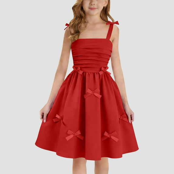 Girl's Smocked Ruched A Line Swing Dress Layered Tie Shoulder Flowy Cami Short Dress Red 4-5 Years