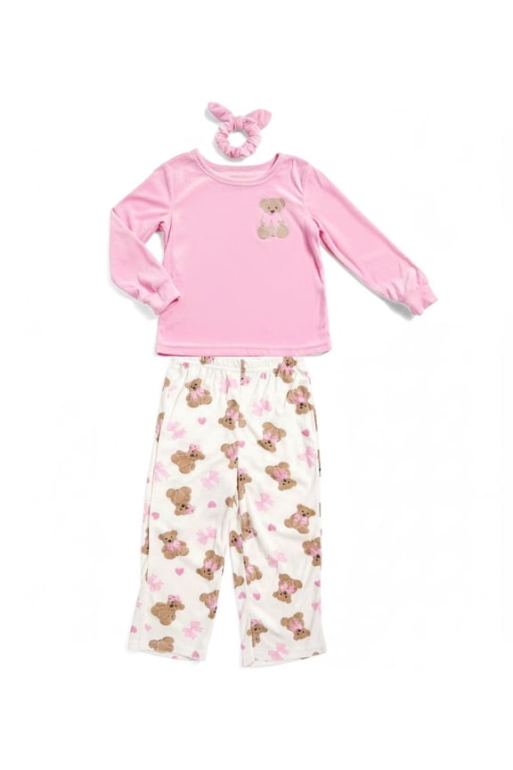 Girl's Soft Velvety Velour Fleece Pink Teddy Bear Pajama Set with Scrunchie, Size 6X