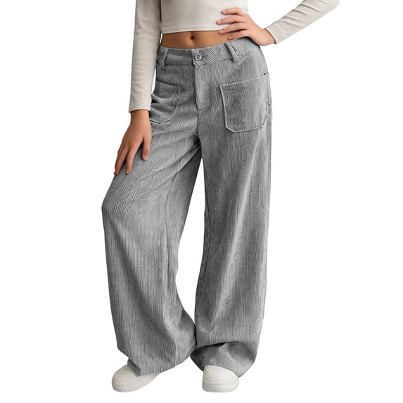 Girl's Solid Corduroy Wide Leg Pants Button Front Zipper Straight Pants with Pockets Grey 9 Years-10 Years