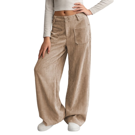 Girl's Solid Corduroy Wide Leg Pants Button Front Zipper Straight Pants with Pockets Khaki 5 Years-6 Years