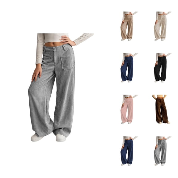 Girl's Solid Corduroy Wide Leg Pants Button Front Zipper Straight Pants with Pockets
