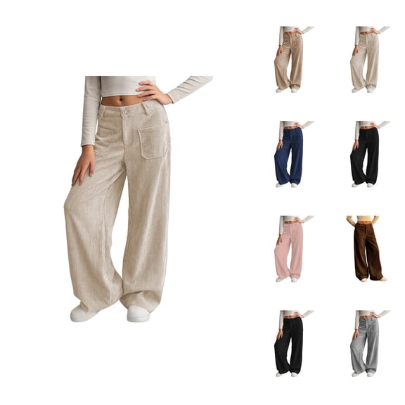 Girl's Solid Corduroy Wide Leg Pants Button Front Zipper Straight Pants with Pockets