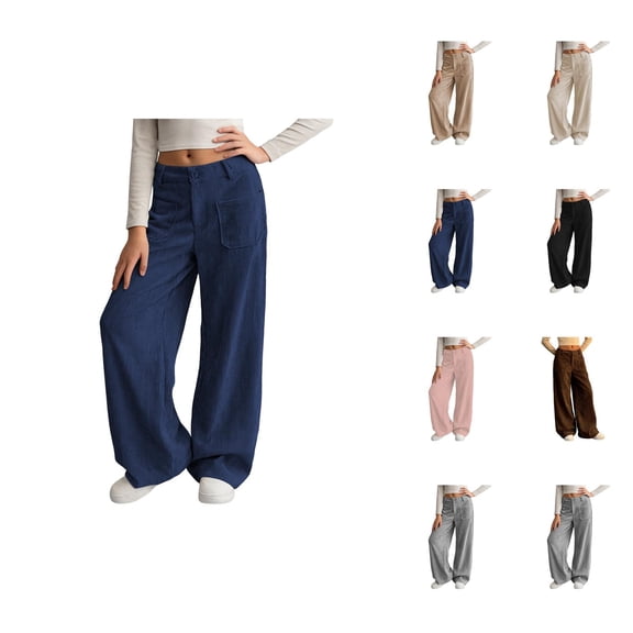 Girl's Solid Corduroy Wide Leg Pants Button Front Zipper Straight Pants with Pockets
