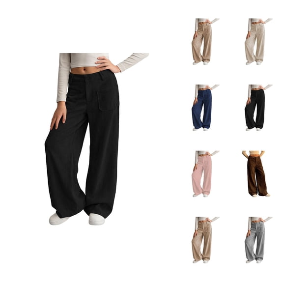 Girl's Solid Corduroy Wide Leg Pants Button Front Zipper Straight Pants with Pockets
