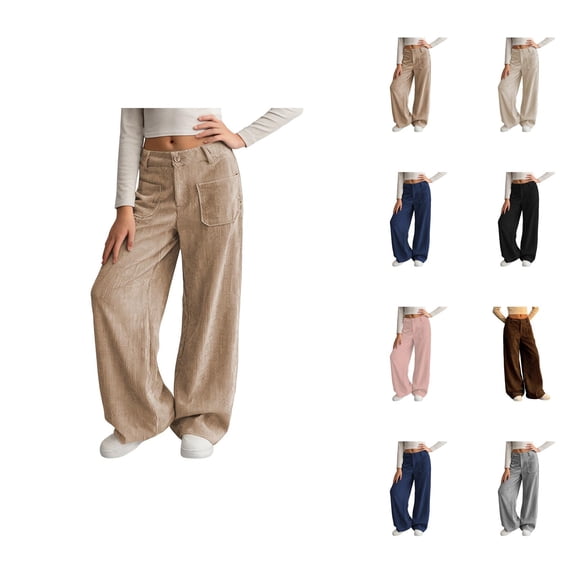Girl's Solid Corduroy Wide Leg Pants Button Front Zipper Straight Pants with Pockets