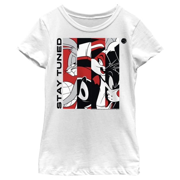 Girl's Space Jam: A New Legacy Stay Tuned Panels Red and Black  Graphic Tee White Large