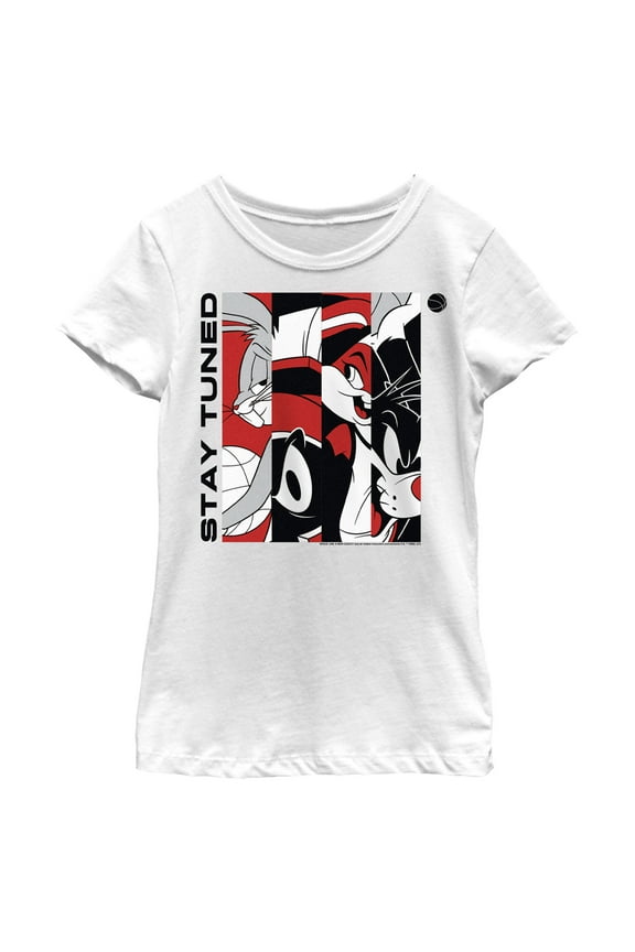 Girl's Space Jam: A New Legacy Stay Tuned Panels Red and Black Graphic Tee White Small