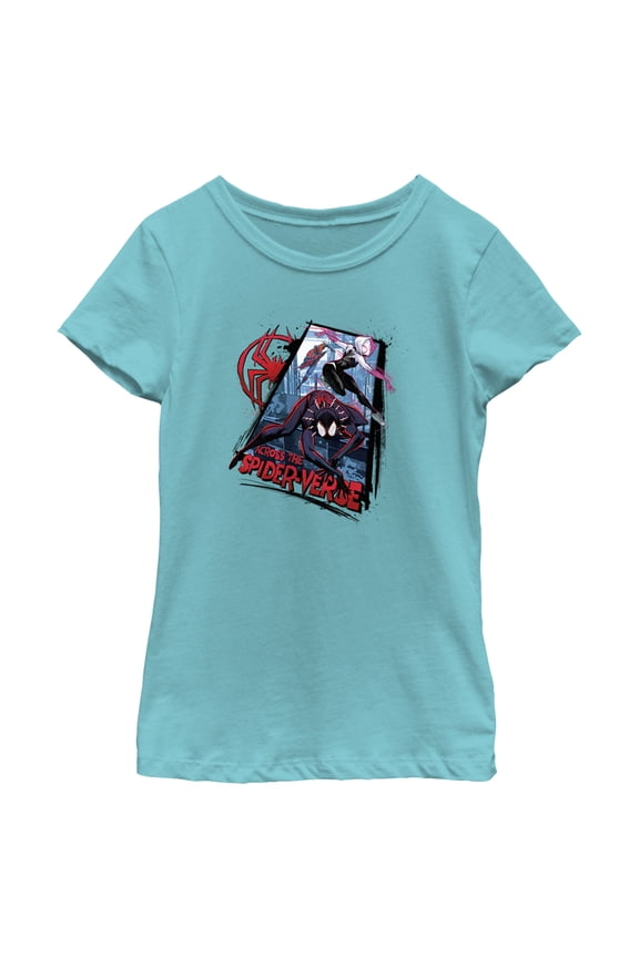 Girl's Spider-Man: Across the Spider-Verse Characters Logo Graphic Tee Tahiti Blue Medium