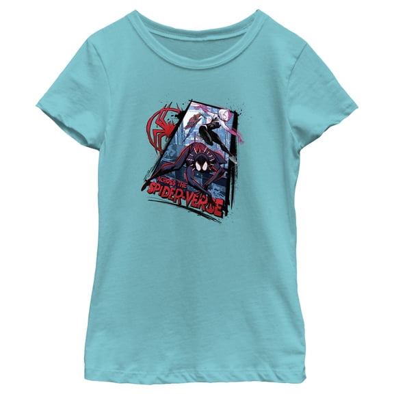 Girl's Spider-Man: Across the Spider-Verse Characters Logo Graphic Tee Tahiti Blue X Large