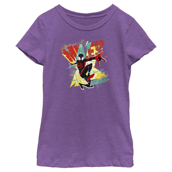 Girl's Spider-Man: Across the Spider-Verse Miles Morales Colorful Logo  Graphic Tee Purple Berry X Large