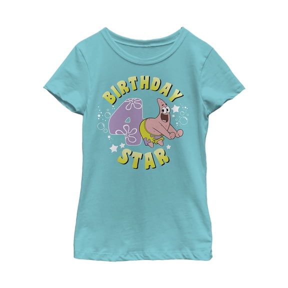 Girl's SpongeBob SquarePants Patrick 4th Birthday Graphic Tee Tahiti Blue Large