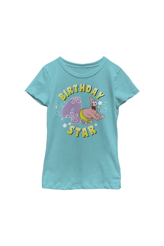 Girl's SpongeBob SquarePants Patrick 4th Birthday Graphic Tee Tahiti Blue Large