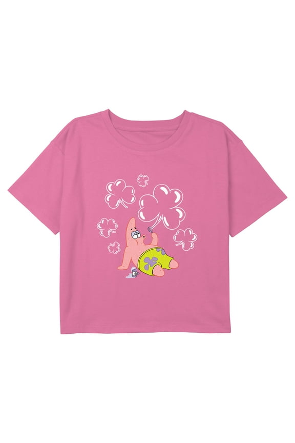 Girl's SpongeBob SquarePants Patrick Shamrock Bubbles Graphic Cropped T-Shirt