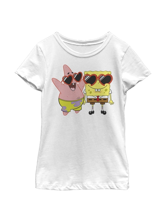 Girl's SpongeBob SquarePants Patrick in Heart-Shaped Sunglasses Graphic Tee White Large