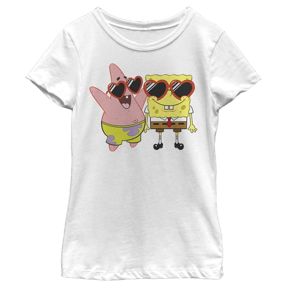 Girl's SpongeBob SquarePants Patrick in Heart-Shaped Sunglasses Graphic Tee White Medium