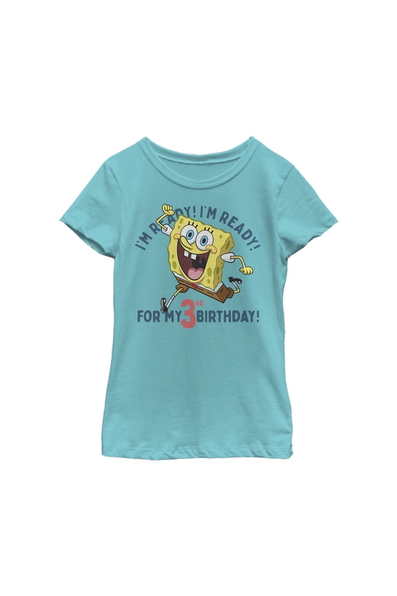 Girl's SpongeBob SquarePants Ready for 3rd Birthday  Graphic Tee Tahiti Blue X Large